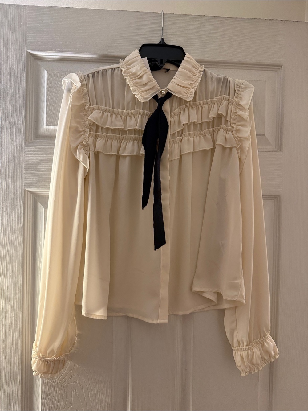 Forever 21 Cream Ruffle Blouse with Black Bow